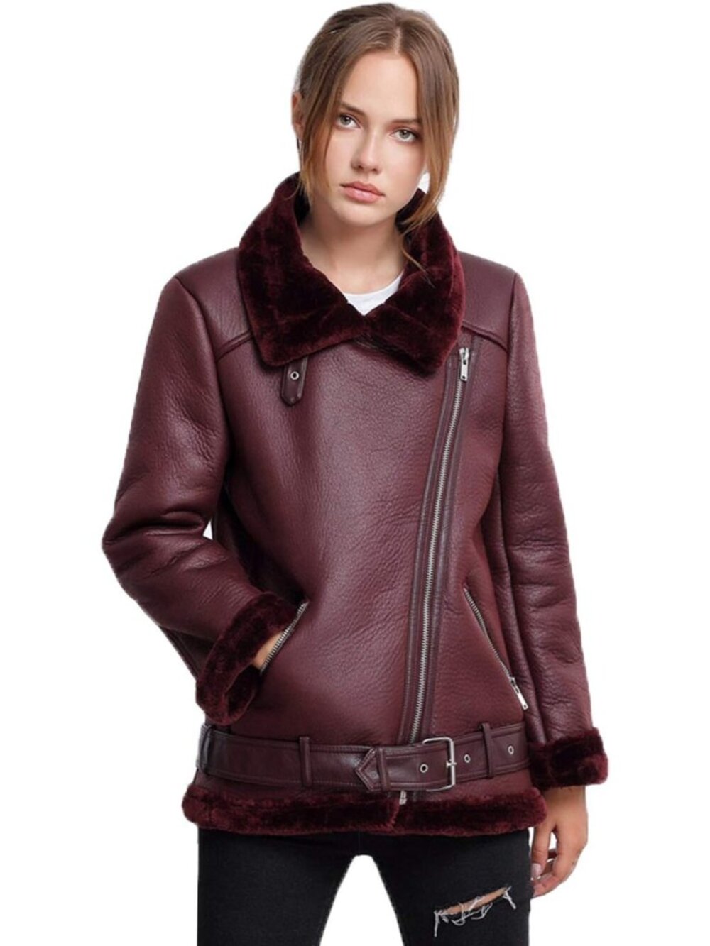 Women’s Wine Red Faux Shearling Moto Jacket, Thick Lined Winter Parka Coat